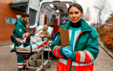 A woman paramedic in uniform stands with a patient card in front of an ambulance and her colleague standing near a patient's gurney.