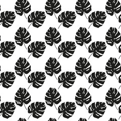 Black and White Monstera tropical leaf Pattern. Vector