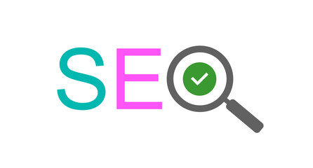 Search engine optimization with magnifying glass and green confirmation check mark. SEO logo. Vector illustration.