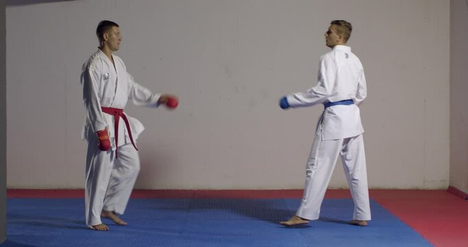 2 Men practicing karate in the gym in slow motion