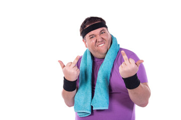 Funny fat guy doing fitness. Happy man and retro style. White background.