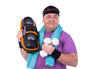 Funny fat guy doing fitness. Happy man and retro style. White background.