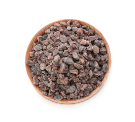 Bowl of Himalayan black salt isolated on white, top view