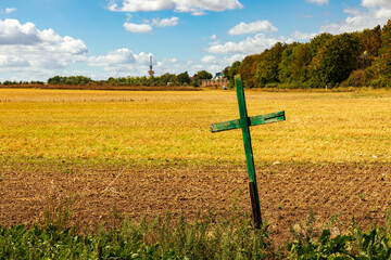 A green wooden cross on a field as a symbol for the problems of farmers and the dying of farmers in Germany