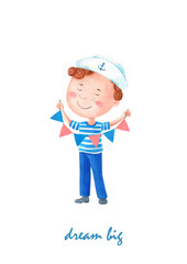 The little sailor with flags.A cute cartoon boy in a marine striped suit.Watercolour nautical illustration