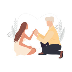 Man and woman marriage proposal vector illustration. Young heterosexual couple engagement isolated on white background.