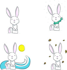 Small and cute illustrated rabbit. Rabbit made in vector with bright colors. Rabbit set with snow, sun and sea.