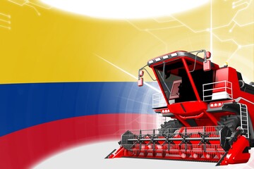 Fototapeta na wymiar Digital industrial 3D illustration of red advanced rural combine harvester on Colombia flag - agriculture equipment innovation concept