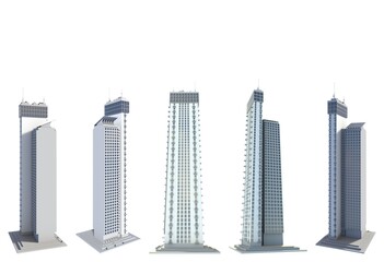 Set of 5 renders of fictional design abstract houses living towers with sky reflection - isolated on white, different sides view 3d illustration of architecture