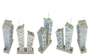 Set of 5 renders of fictional design modern houses with two towers with sky reflection - isolated on white, top view 3d illustration of architecture