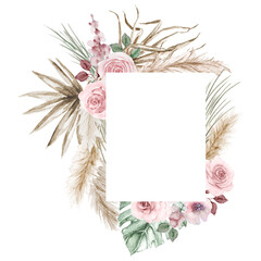 Watercolor boho exotic rectangle frame. Tropical dried palm leafe, roses, pampas grass geometric frame. Romantic bohemian floral frame