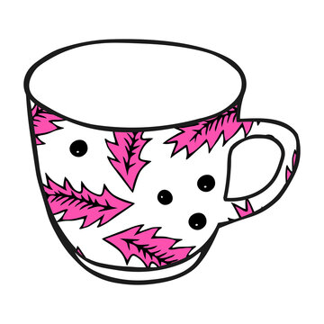 Black Hand Drawing Illustration Of A Cup For Hot Tea With Pink Pattern Isolated On A White Background