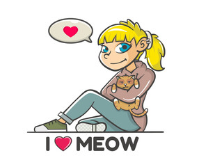 Young women Happily Hugging a Cat.