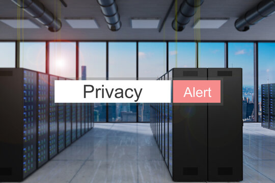phishing alert in red search bar large modern server room skyline view, 3D Illustration
