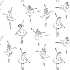 Fototapeta na wymiar Ballerinas dancing girls line art coloring page seamless pattern