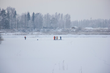 a company of men on ice fishing on the background of a winter forest