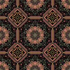 Greek floral seamless pattern. Colorful vector arabesque background. Abstract greek key, meander ornaments. Repeat tribal ethnic style backdrop. Vintage flowers, leaves, greek frames, lines, shapes