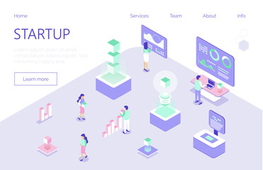 Startup and coworking office concept vector. Freelancers, businessman for expo, forex, illustration. Internet communication business in trendy isometric