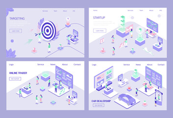 Set of landing pages of car dealership, startup, online broker, targeting. Advertising products, auto stands or services at exhibition. 3D isometric concept illustration for flyer