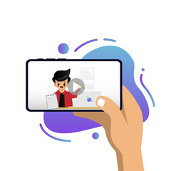 Illustration hand holding phone with online education boy on screen design vector