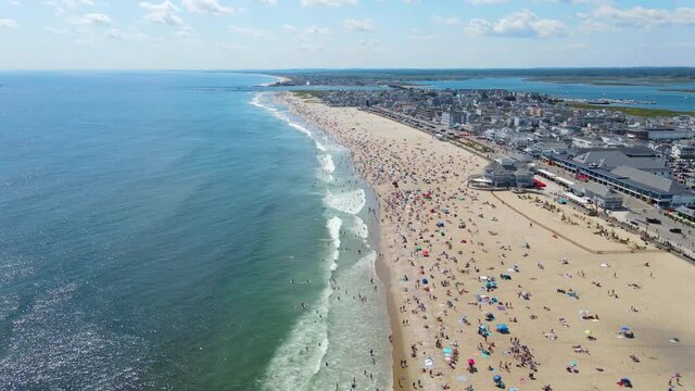 Hampton Beach aerial view including historic waterfront buildings on Ocean Boulevard and Hampton Beach State Park, Town of Hampton, New Hampshire NH, USA.