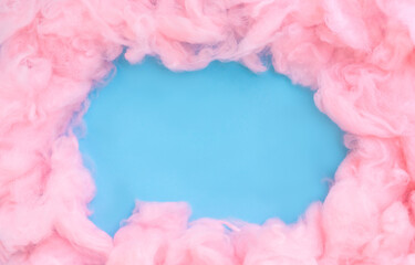 Pink cotton wool background, abstract fluffy soft color sweet candyfloss texture with copy space
