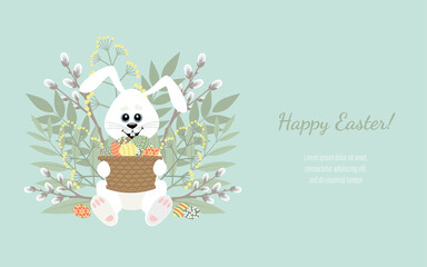 Easter banner with a picture of a bunny, Easter eggs and plant elements. Happy easter.
