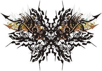 Unusual butterfly wings with leopard patterns. Abstract butterfly wings formed by the heads of a leopard cub with floral elements on a white backdrop for prints, tattoos, textiles, wallpaper, etc.