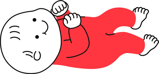 赤色のベビー服を着て仰向けになる赤ちゃん