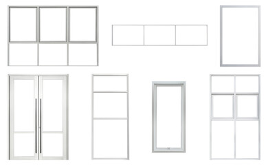 Real modern office windows set isolated on white background, various business frontstore frames collection for design, exterior building aluminium facade element