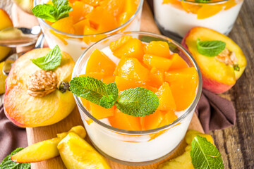 Curd or yogurt dessert with peaches