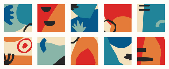 Trendy social media set of ten abstract backgrounds with abstract organic shapes composition in contemporary collage minimal style, vector illustration.