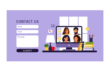 Contact us form template for web. People using computer for collective virtual meeting and group video conference. Remote work, technology concept. Illustration. Vector.