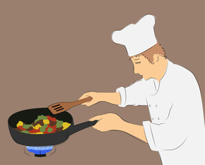 the cook cooks in a frying pan