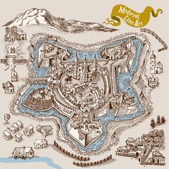 Medieval map elements engraving and woodcut style vector cartography illustration