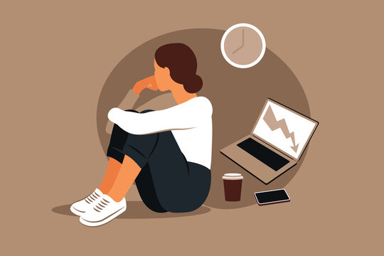 Professional Burnout Syndrome. Illustration Tired Female Office Worker Sitting At The Table. Frustrated Worker, Mental Health Problems. Vector Illustration In Flat Style.