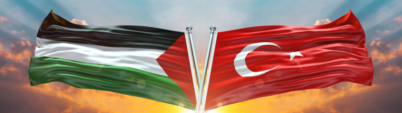 Double Flag Turkey Vs Palestine Flag Waving Flag With Texture Sky Clouds And Sunset Background