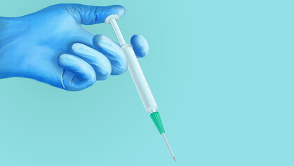 hand hold syringe. COVID-19 vaccine illustration. Hand drawn, copy space