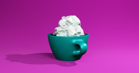 Render with a cup of coffee with foam on a pink background