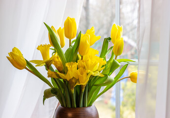 Bouquet of yellow tulips and daffodils  in a vase. Easter and spring greeting card. Women's day, March 8.