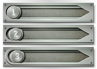 Set of three metal banners with numbered sliders.