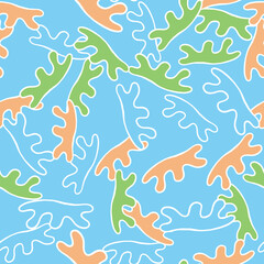 Vector seamless texture background pattern. Hand drawn, blue, orange, green, white colors.