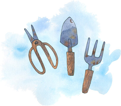 watercolor garden tools on blue background clip art preview