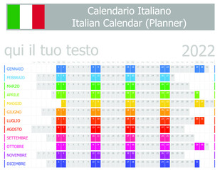 2022 Italian Planner Calendar with Horizontal Months on white background