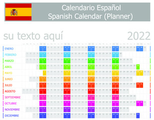 2022 Spanish Planner Calendar with Horizontal Months on white background