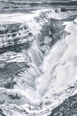 Gullfoss waterfall in Iceland, in winter, black and white