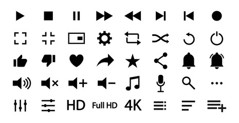 Player, media and music icons .Set of isolated signs and buttons of audio and multimedia. Web design symbols of play, pause, record, arrow, sound, volume, stop. 