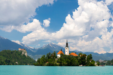 Lake Bled with mountains in Slovenia