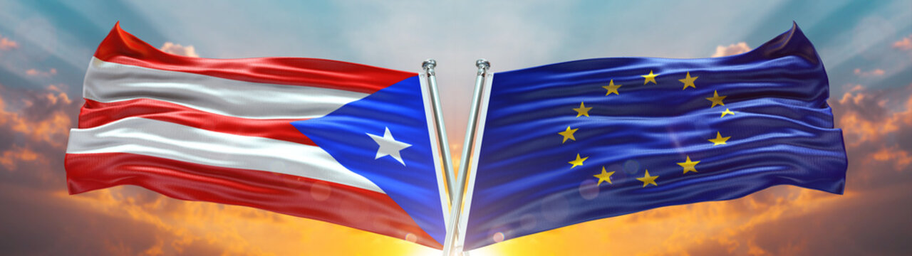 Double Flag  European Union vs Puerto Rico waving flag with texture sky clouds and sunset background