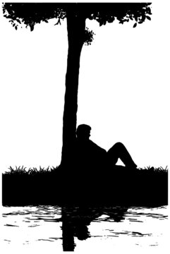 Man sitting under a tree with reflection by water, silhouette in black on white background, vector graphic